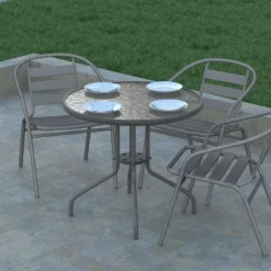 Emma And Oliver 31.5" Round Tempered Glass Metal Table With Smooth Ripple Design Top -Home office GUEST 883ed9a1 350b 451c ac0c 8a1cf25bfbe8