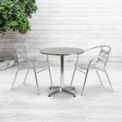 Emma And Oliver 27.5" Round Aluminum Table Set With 2 Slat Back Chairs