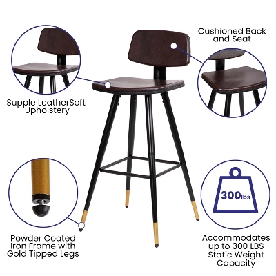 Emma And Oliver Set Of 2 Commercial Grade LeatherSoft Barstools With Gold Tipped Iron Legs 4 Emma And Oliver Set Of 2 Commercial Grade LeatherSoft Barstools With Gold Tipped Iron Legs - Image 4