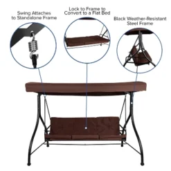 Emma And Oliver 3-Seat Outdoor Steel Converting Patio Swing And Bed Canopy Hammock In Brown -Home office GUEST 9094d7de 3c6f 43f5 adc6 cca3122a19b2