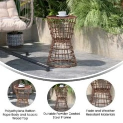 Emma And Oliver All-Weather Natural Faux Rattan Rope Patio Table With Natural Acacia Wood Top For Indoor And Outdoor Use -Home office GUEST 931e7011 68d7 48cd 8482 8eef0d2ede11