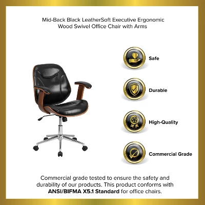 Emma And Oliver Mid-Back Black LeatherSoft Executive Ergonomic Wood Swivel Office Chair - Arms 10 Emma And Oliver Mid-Back Black LeatherSoft Executive Ergonomic Wood Swivel Office Chair - Arms - Image 10