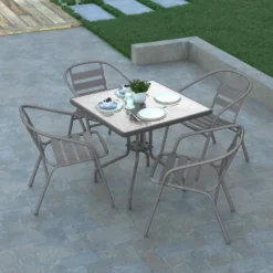 Emma And Oliver 31.5'' Square Glass Top Metal Table With 4 Aluminum Slat Stack Chairs -Home office GUEST a4715835 e0cf 4786 903d 1dab590a5b00