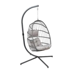 Emma And Oliver Awen Foldable Hanging Egg Chair With Woven Finish, Removable Cushions, And Included Stand For Indoor And Outdoor Use -Home office GUEST abd5cc26 3e0e 4e76 8fd4 e78036ac6dc0