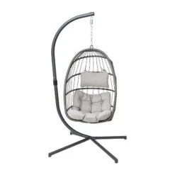 Emma And Oliver Awen Foldable Hanging Egg Chair With Woven Finish, Removable Cushions, And Included Stand For Indoor And Outdoor Use -Home office GUEST ae14c77b d920 4f72 b521 151411a68e35