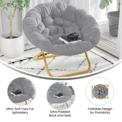 Emma And Oliver Oversize Folding Saucer Chair With Cozy Faux Fur Cushion And Metal Frame For Dorms, Bedrooms, Apartments And More -Home office GUEST b1d00c7c 5414 4b07 9937 0debaf0e68aa