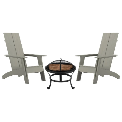Emma And Oliver Set Of 2 Modern All-Weather Poly Resin Adirondack Rocking Chairs With A Wood Burning Fire Pit For Outdoor Use