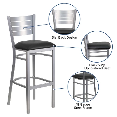 Emma And Oliver Silver Slat Back Metal Restaurant Dining Barstool 2 Emma And Oliver Silver Slat Back Metal Restaurant Dining Barstool - Image 2