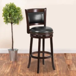 Emma And Oliver 29"H Panel Back Cappuccino Wood Swivel Seat Barstool