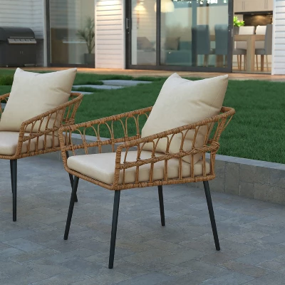 Emma And Oliver Indoor/Outdoor Bohemian Natural Rattan Rope Patio Chairs With Open Weave Design And Removable Plush Cushions 2 Emma And Oliver Indoor/Outdoor Bohemian Natural Rattan Rope Patio Chairs With Open Weave Design And Removable Plush Cushions - Image 2