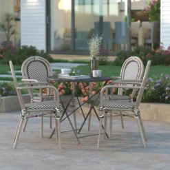 Emma & Oliver Massalia Set Of Four Indoor/Outdoor Stacking Thonet Bistro Style Chairs With Arms, Textilene Seat And Bamboo Finished Metal Frame -Home office GUEST bf908585 fb8c 45c8 b717 8dff0d259c0c