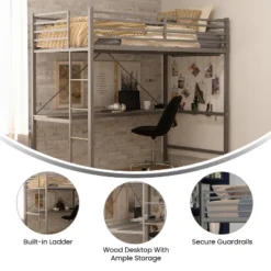 Emma And Oliver Metal Loft Bed Frame With Desk, Protective Guard Rails And Ladder For Kids, Teens And Adults -Home office GUEST c3fdbf75 15f8 42d4 a94b 5d0783d0b539