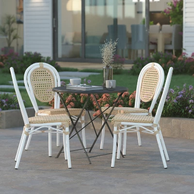 Emma & Oliver Soie Set Of Four Indoor/Outdoor Stacking Thonet Bistro Style Chairs With Arms, PE Rattan Seat And Bamboo Finished Metal Frame 6 Emma & Oliver Soie Set Of Four Indoor/Outdoor Stacking Thonet Bistro Style Chairs With Arms, PE Rattan Seat And Bamboo Finished Metal Frame - Image 6