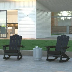 Emma And Oliver Set Of 2 Adirondack Rocking Chairs With Cup Holders, Weather Resistant HDPE Adirondack Rocking Chairs