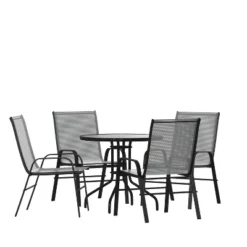 Emma And Oliver Five Piece Patio Table Set With Round Metal Table With Tempered Glass Top And 4 Flex Comfort Stacking Chairs -Home office GUEST cf9c8e49 a7dd 4765 b441 02eec257d052