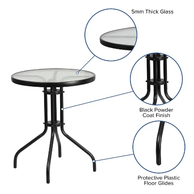 Emma And Oliver Three Piece Patio Table Set With Round Metal Frame Table With Tempered Glass Top And Two Flex Comfort Stacking Chairs 2 Emma And Oliver Three Piece Patio Table Set With Round Metal Frame Table With Tempered Glass Top And Two Flex Comfort Stacking Chairs - Image 2