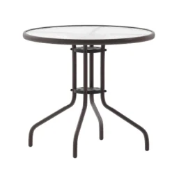 Emma And Oliver 31.5'' Round Glass Top Metal Table With 4 Aluminum Slat Stack Chairs -Home office GUEST d5ce2ad8 f6d7 4268 8d19 d57343569391 1