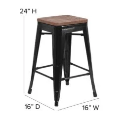 Emma And Oliver 24"H Backless Black Metal Counter Height Stool With Wood Seat -Home office GUEST d69dd8b9 ee9c 43c8 ab1b 713c28c7db89
