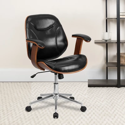 Emma And Oliver Mid-Back Black LeatherSoft Executive Ergonomic Wood Swivel Office Chair - Arms 1 Emma And Oliver Mid-Back Black LeatherSoft Executive Ergonomic Wood Swivel Office Chair - Arms