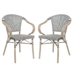 Emma & Oliver Massalia Set Of Two Indoor/Outdoor Stacking Thonet Bistro Style Chairs With Arms, Textilene Seat And Bamboo Finished Metal Frame -Home office GUEST e75cdaf3 3757 434d 87f4 26800f450f87