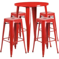 Emma And Oliver Commercial Grade 30" Round Metal Indoor-Outdoor Bar Table Set, 4 Backless Stools -Home office GUEST e8ae6d96 1e74 46b0 89c8 ad0d31a84e79