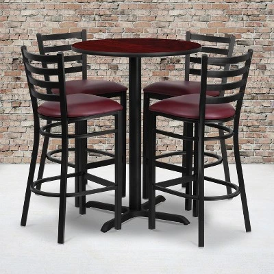 Emma And Oliver 30" Round Laminate Table Set With X-Base And 4 Ladder Back Stools 1 Emma And Oliver 30" Round Laminate Table Set With X-Base And 4 Ladder Back Stools