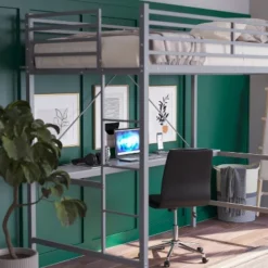 Emma And Oliver Metal Loft Bed Frame With Desk, Protective Guard Rails And Ladder For Kids, Teens And Adults -Home office GUEST ea918e85 841c 427e a460 dd34fe468869