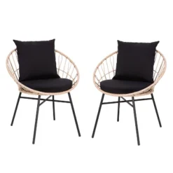 Emma And Oliver Set Of Two All-Weather Boho Papasan Style Finish Faux Rattan Rope Patio Chairs With Cushions
