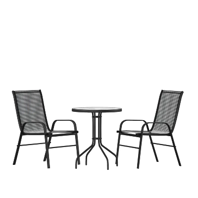 Emma And Oliver Three Piece Patio Table Set With Round Metal Frame Table With Tempered Glass Top And Two Flex Comfort Stacking Chairs 11 Emma And Oliver Three Piece Patio Table Set With Round Metal Frame Table With Tempered Glass Top And Two Flex Comfort Stacking Chairs - Image 11