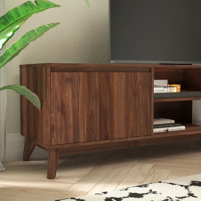 Emma And Oliver Mid-Century Modern Wooden TV Stand With Soft Close Doors, Shelf, Cord Management Hole And Tapered Legs 3 Emma And Oliver Mid-Century Modern Wooden TV Stand With Soft Close Doors, Shelf, Cord Management Hole And Tapered Legs - Image 3