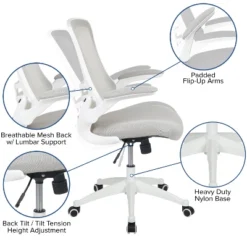 Emma And Oliver Mid-Back Light Gray Mesh Ergonomic Task Office Chair, White Frame - Flip-Up Arms -Home office GUEST f83c124e ffc5 45ab 974b 80c514b85edd
