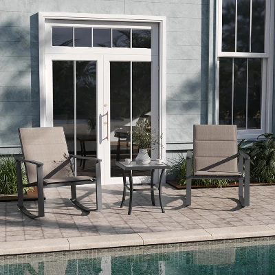 Emma And Oliver 3 Piece Outdoor Rocking Chair Patio Set With Flex Comfort Material And Metal Framed Glass Top Table 1 Emma And Oliver 3 Piece Outdoor Rocking Chair Patio Set With Flex Comfort Material And Metal Framed Glass Top Table