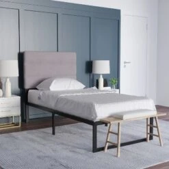 Emma And Oliver Modern Upholstered Headboard With Horizontal Line Stitching And Adjustable Height Rails